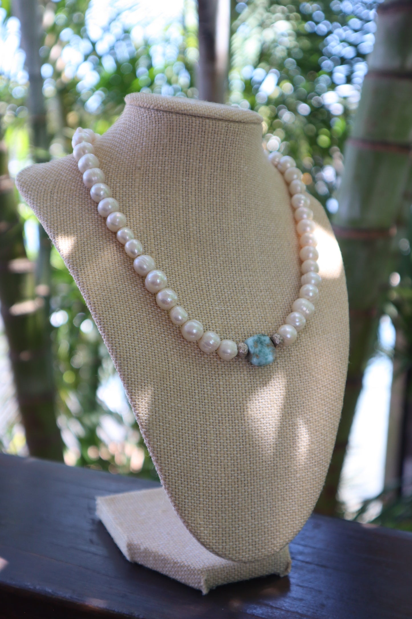 Round pearl x silver x Larimar necklace
