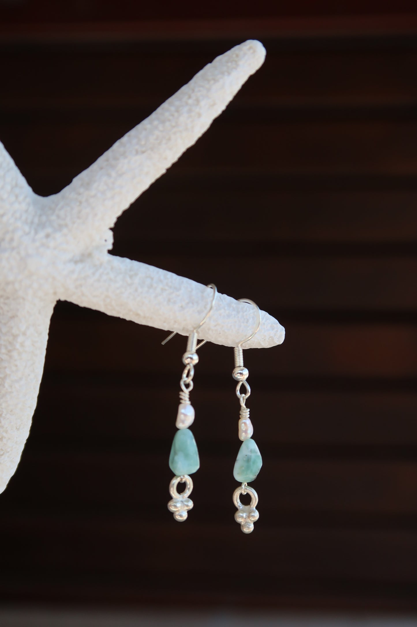 Small pearl x larimar x silver earrings
