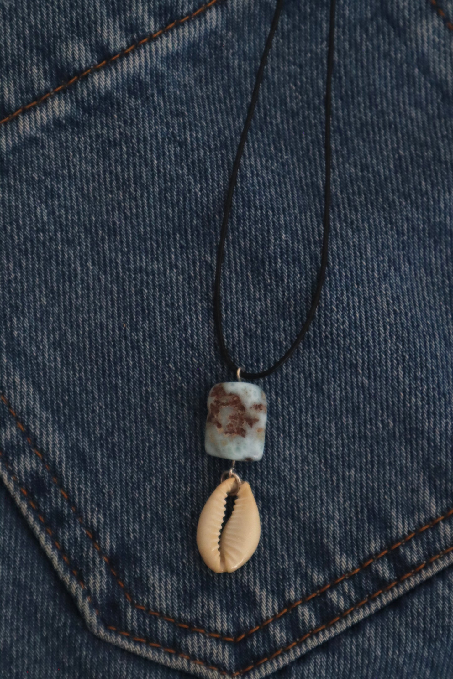 Larimar x cowrie shell wax cord necklace