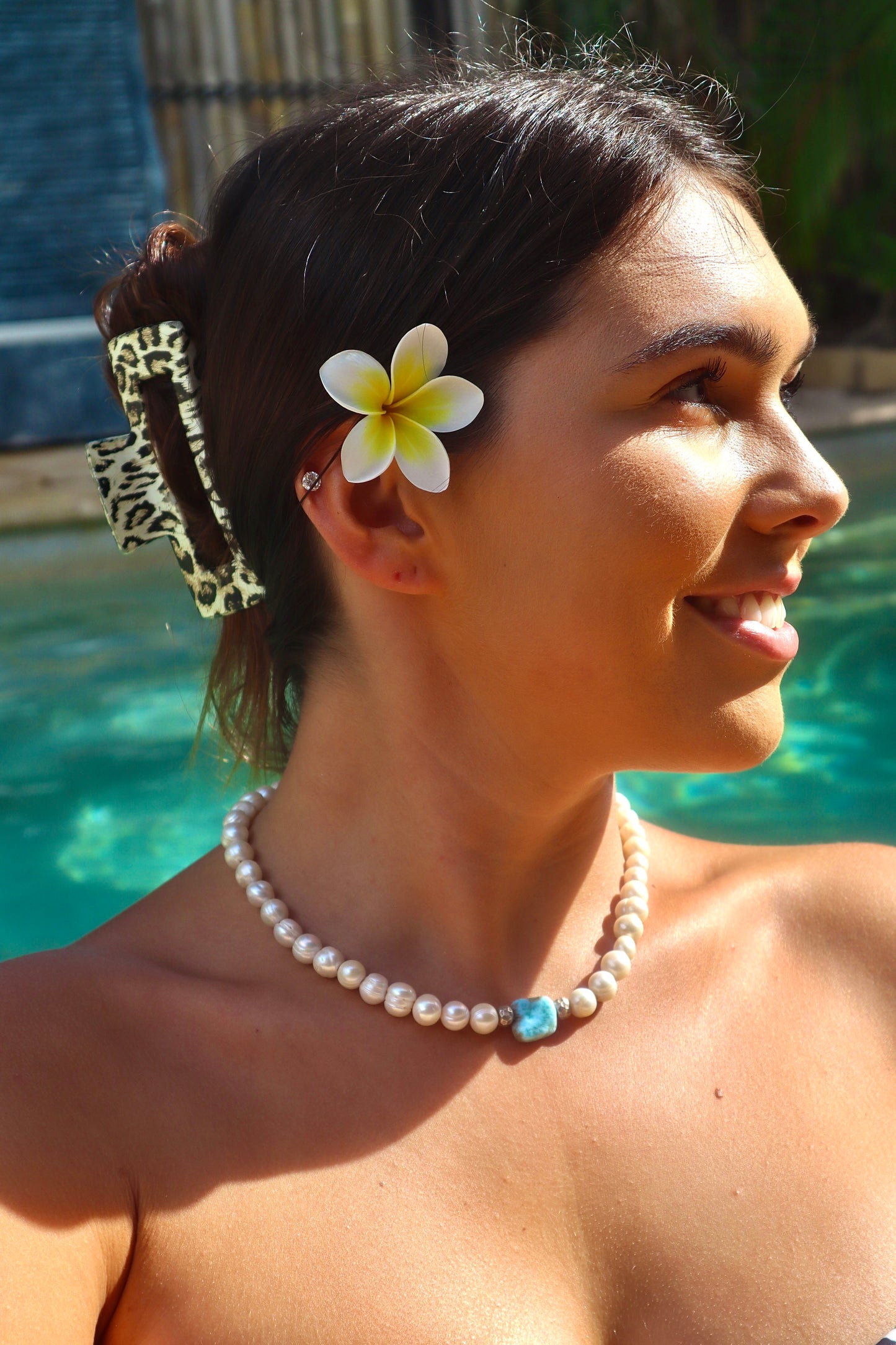 Round pearl x silver x Larimar necklace