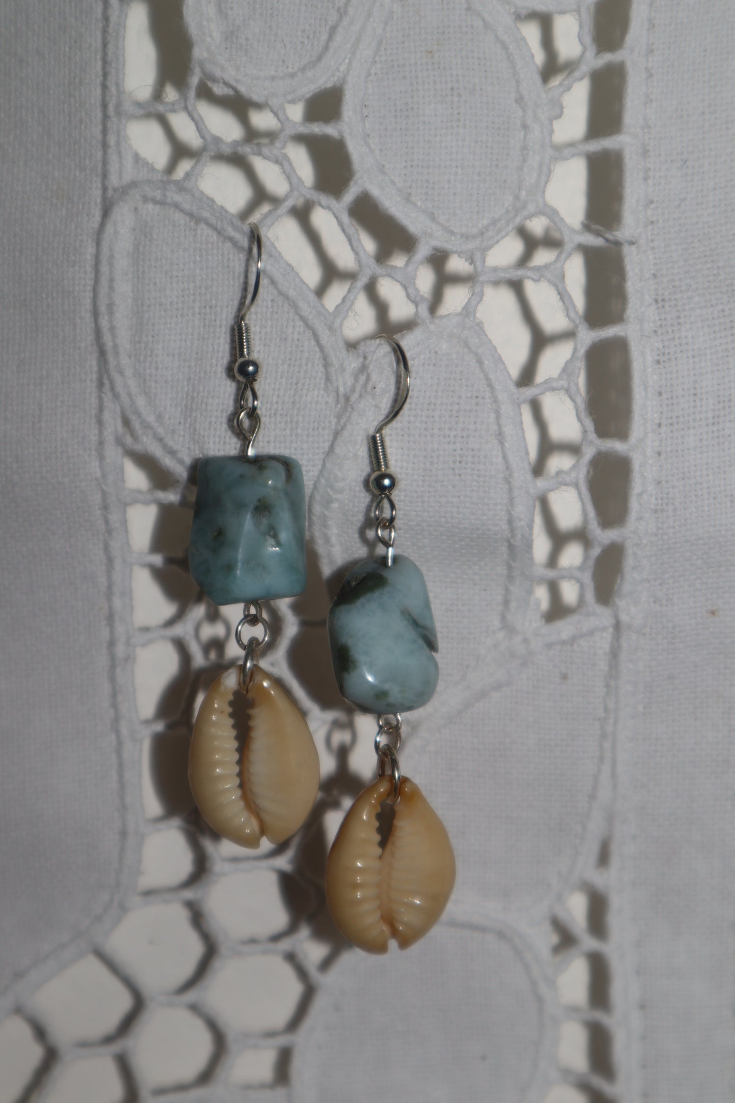 Larimar x cowrie shell earrings