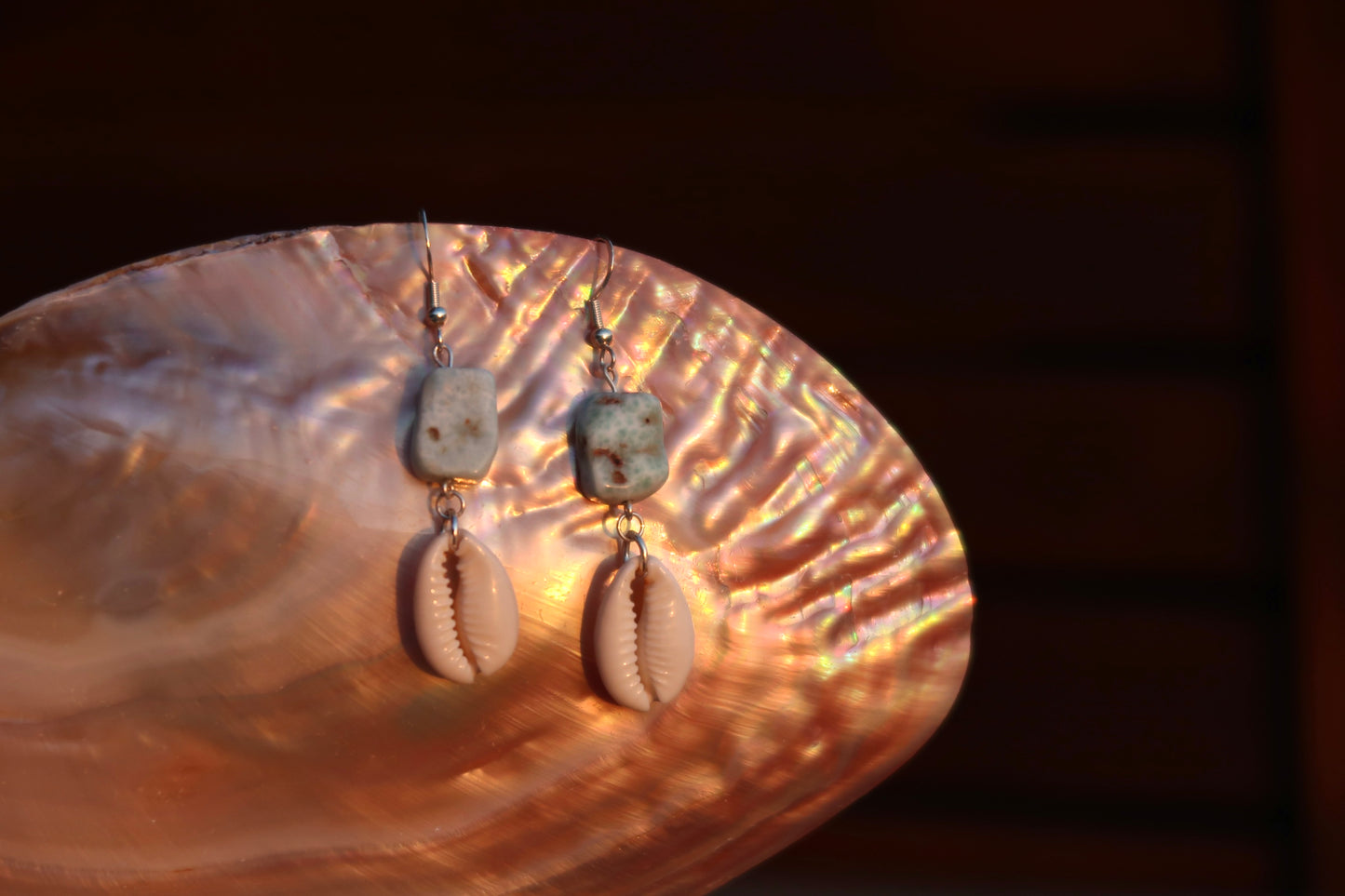 Larimar x cowrie shell earrings