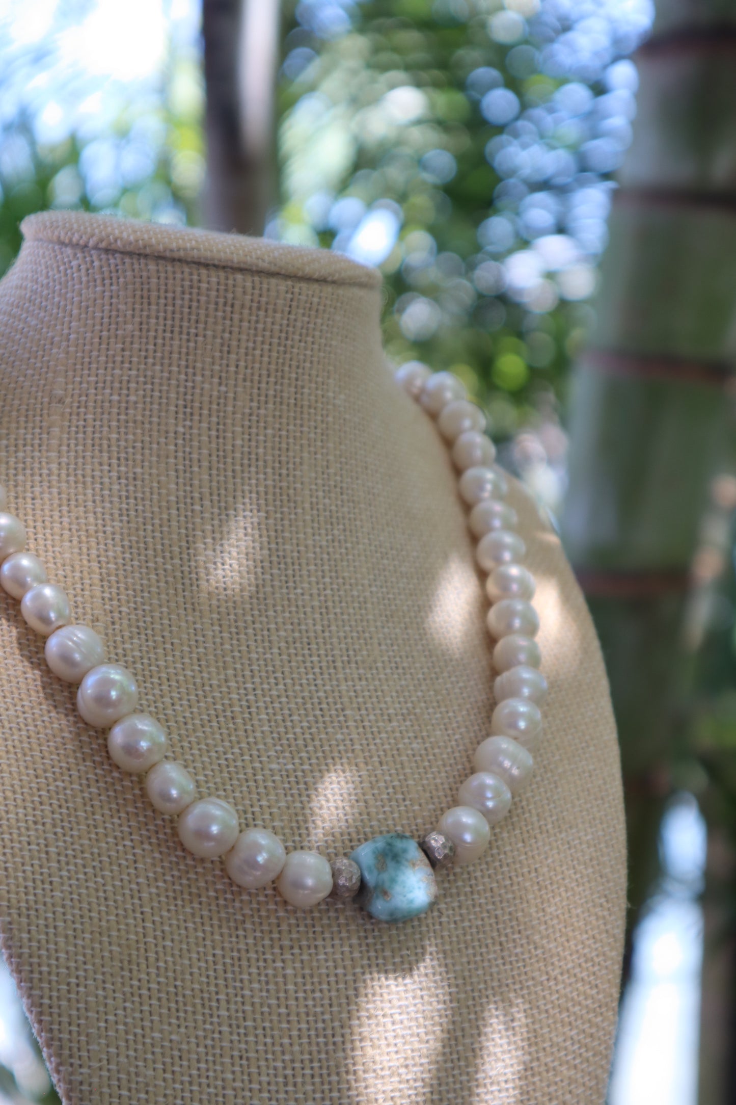 Round pearl x silver x Larimar necklace
