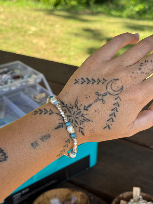 Silver x pearl x Larimar bracelet