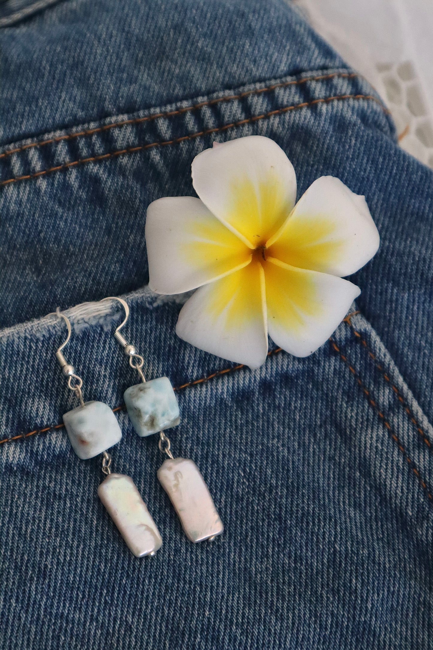 Larimar x long pearl earrings