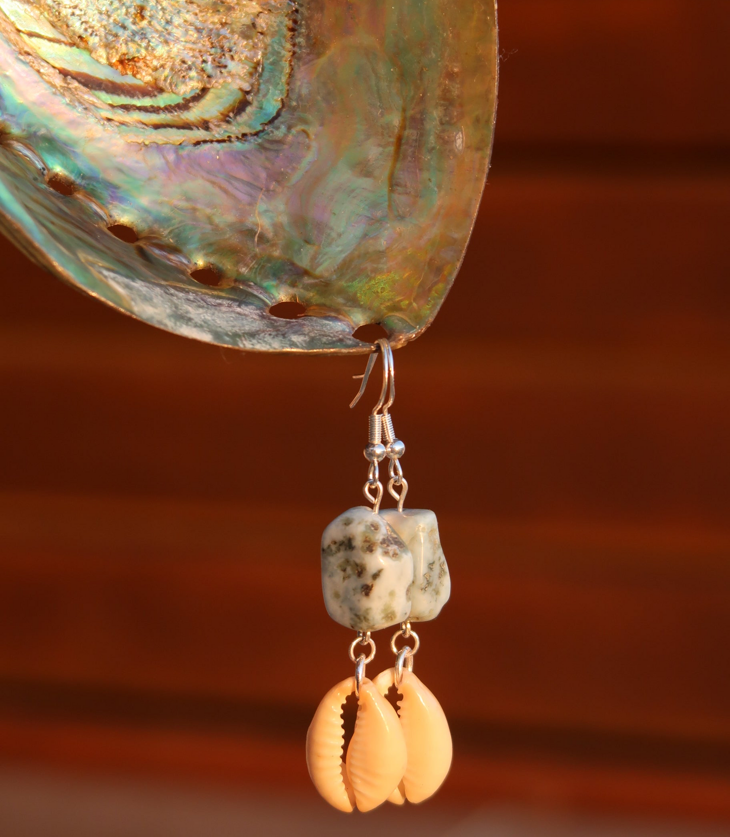 Larimar x cowrie shell earrings