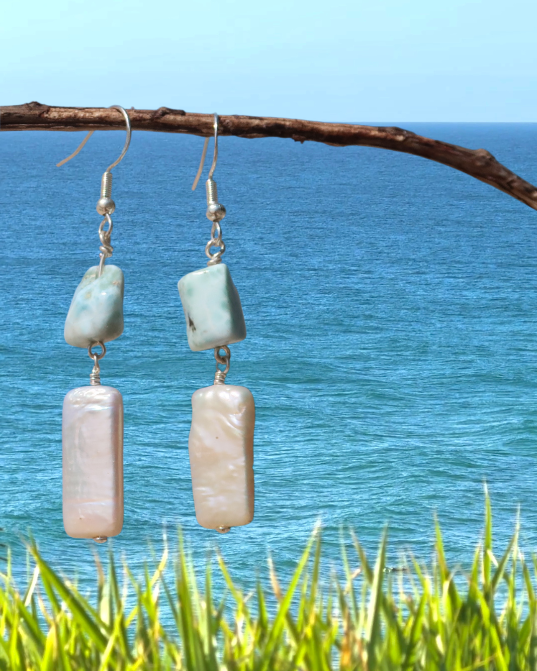 Larimar x long pearl earrings