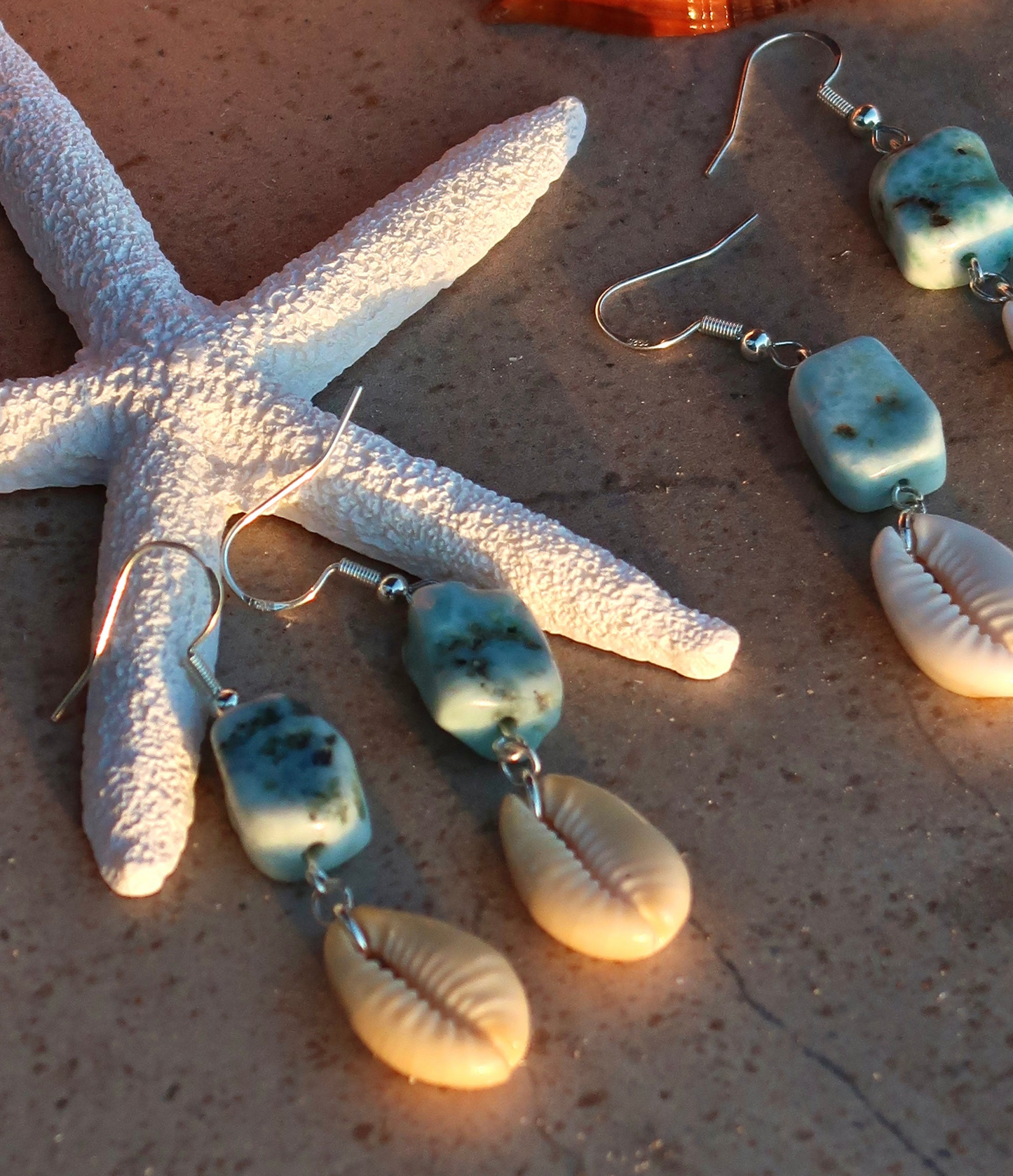 Larimar x cowrie shell earrings