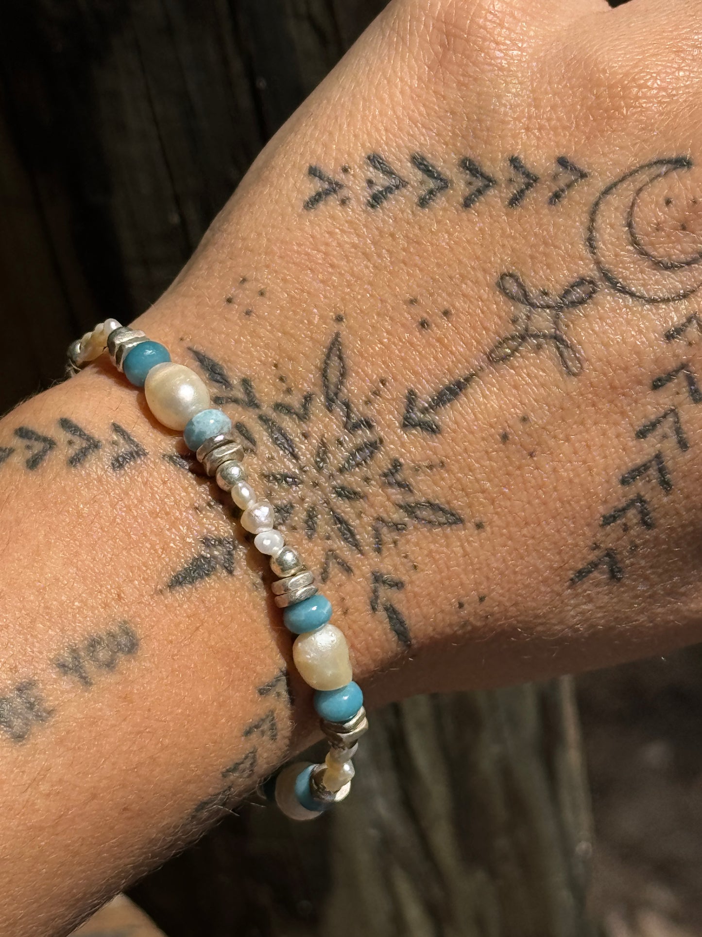 Silver x pearl x Larimar bracelet