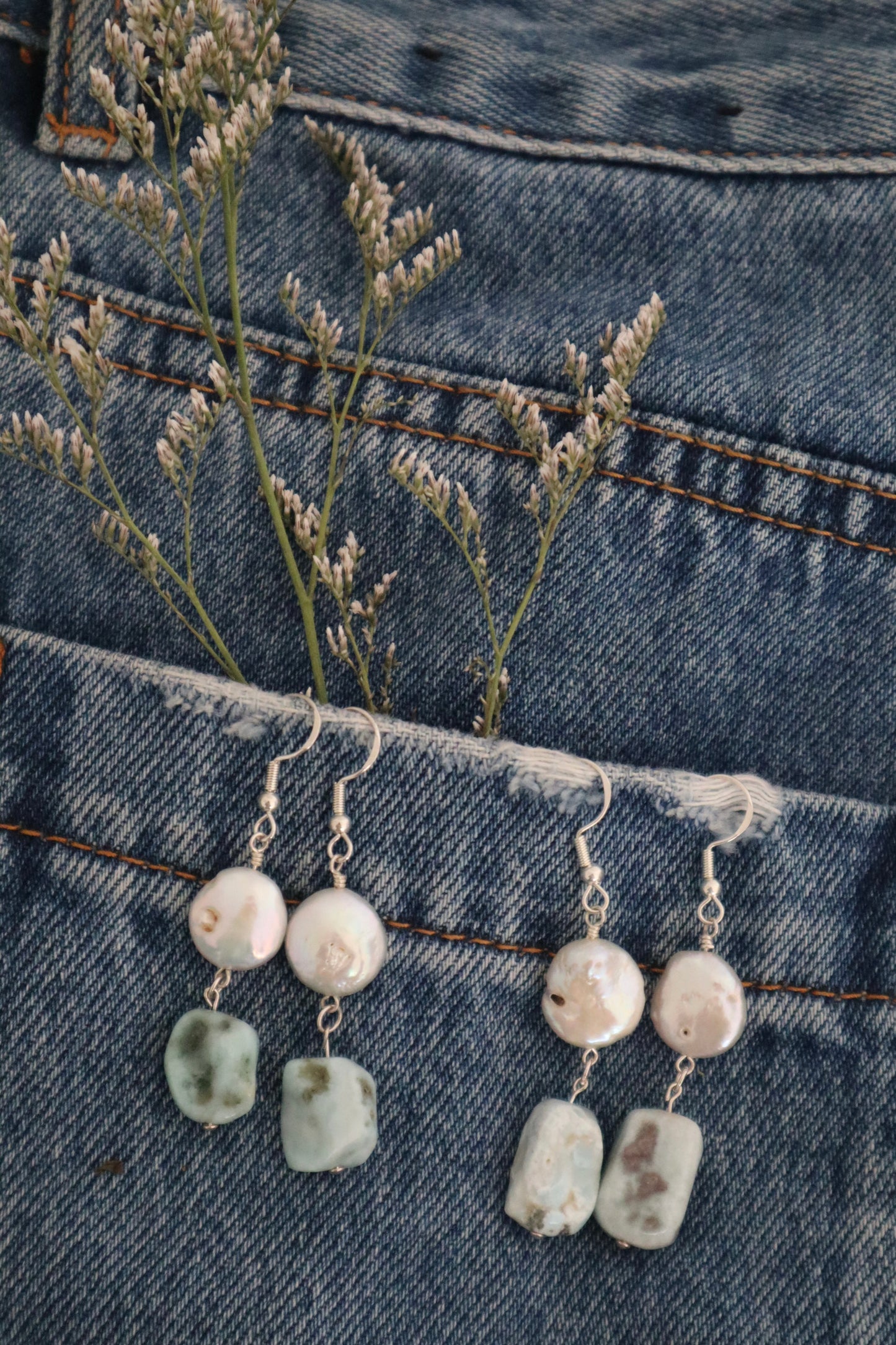 Coin pearl x Larimar earrings