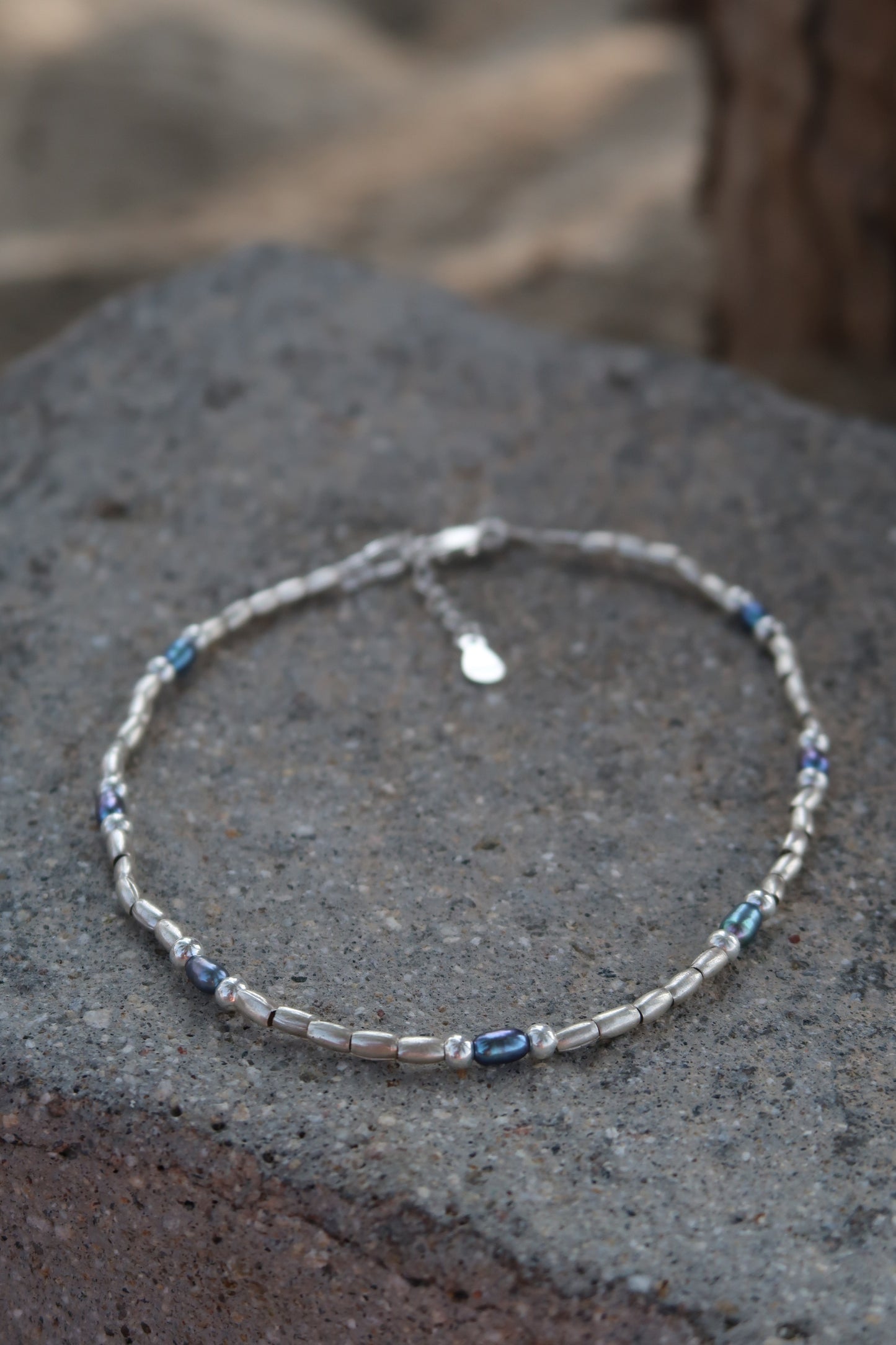 Silver x black pearl anklet